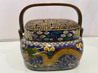 Cloisonne brass basket with pierced lid and handle