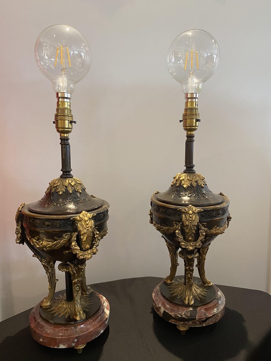 Pair of Antique Metal & Marble French Table Lamps