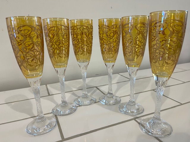 Six Italian Gold Crystal Champagne Flutes