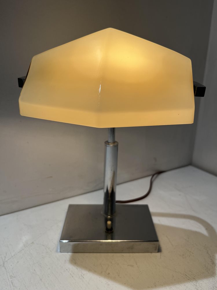 1930s Art Deco Chrome & Opaline Glass Desk Lamp