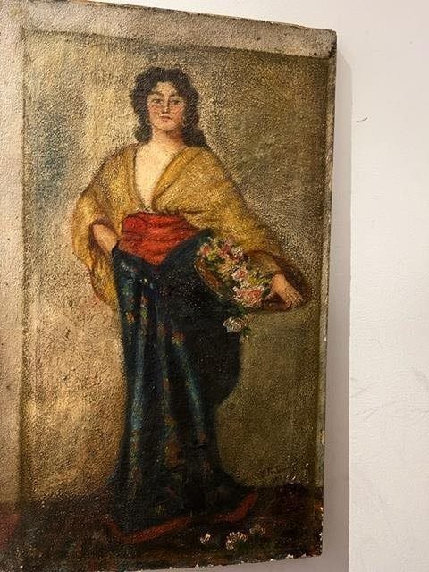 Old Oil of a Women with Flowers