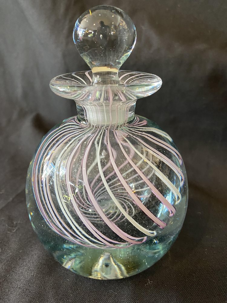 Art glass stoppered bottle with pink swirl