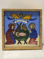 Naive Nativity Scene in Oil on Glass
