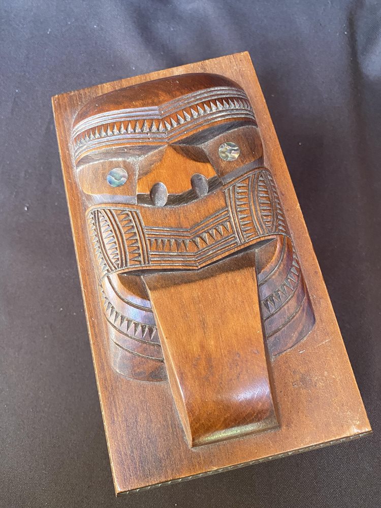 Carved Wooden Maori Box with Tiki