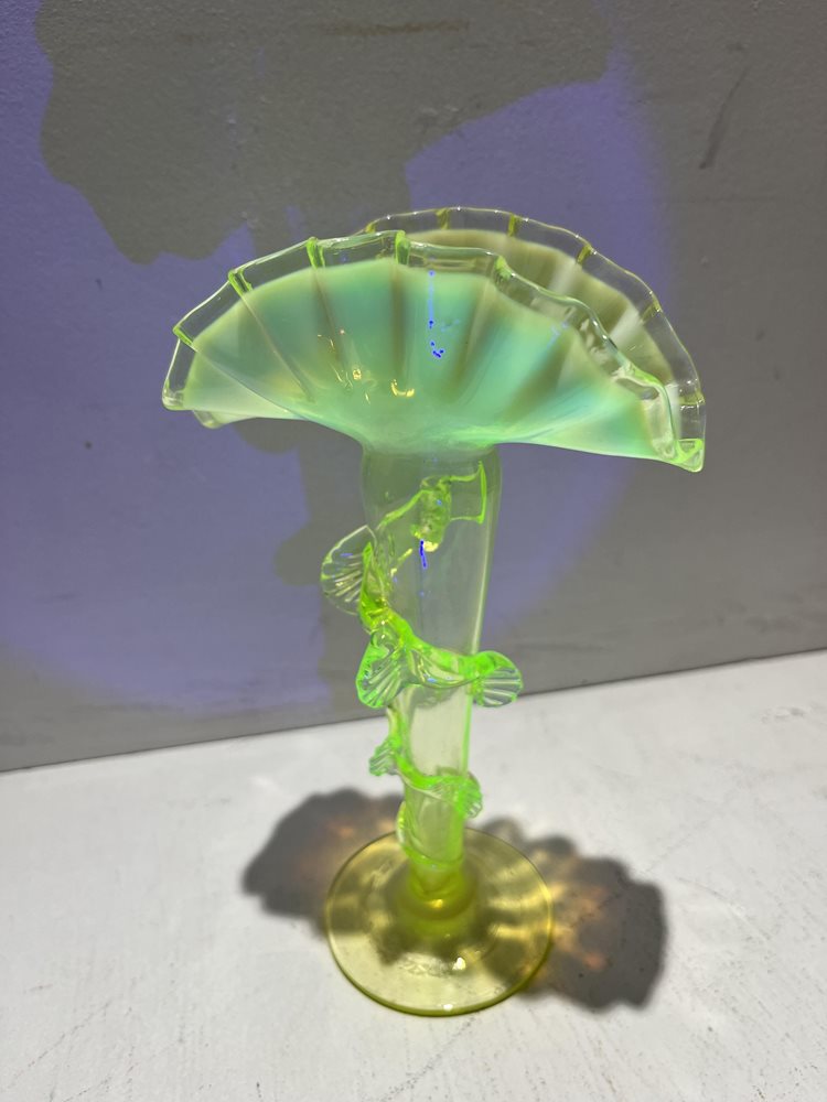 Antique Uranium Glass Trumpet Vase with Applied Vine Decoration
