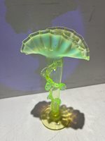 Antique Uranium Glass Trumpet Vase with Applied Vine Decoration