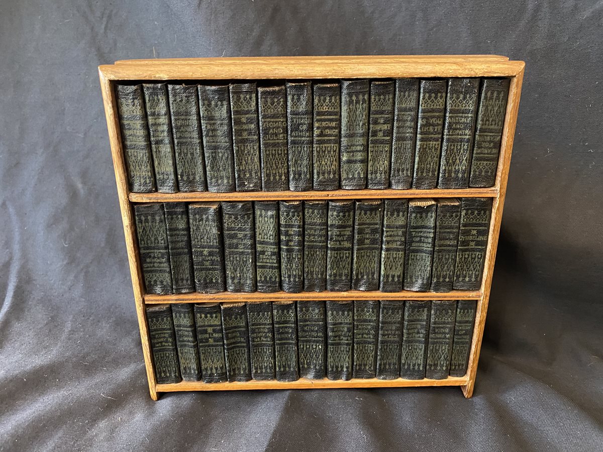 Miniature set of Leather bound Shakespeare Plays in Bookcase