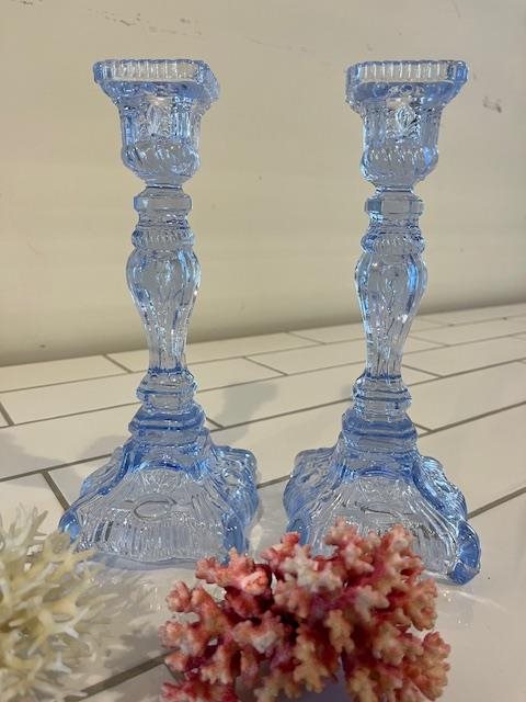 Pair of blue depression glass candle stands
