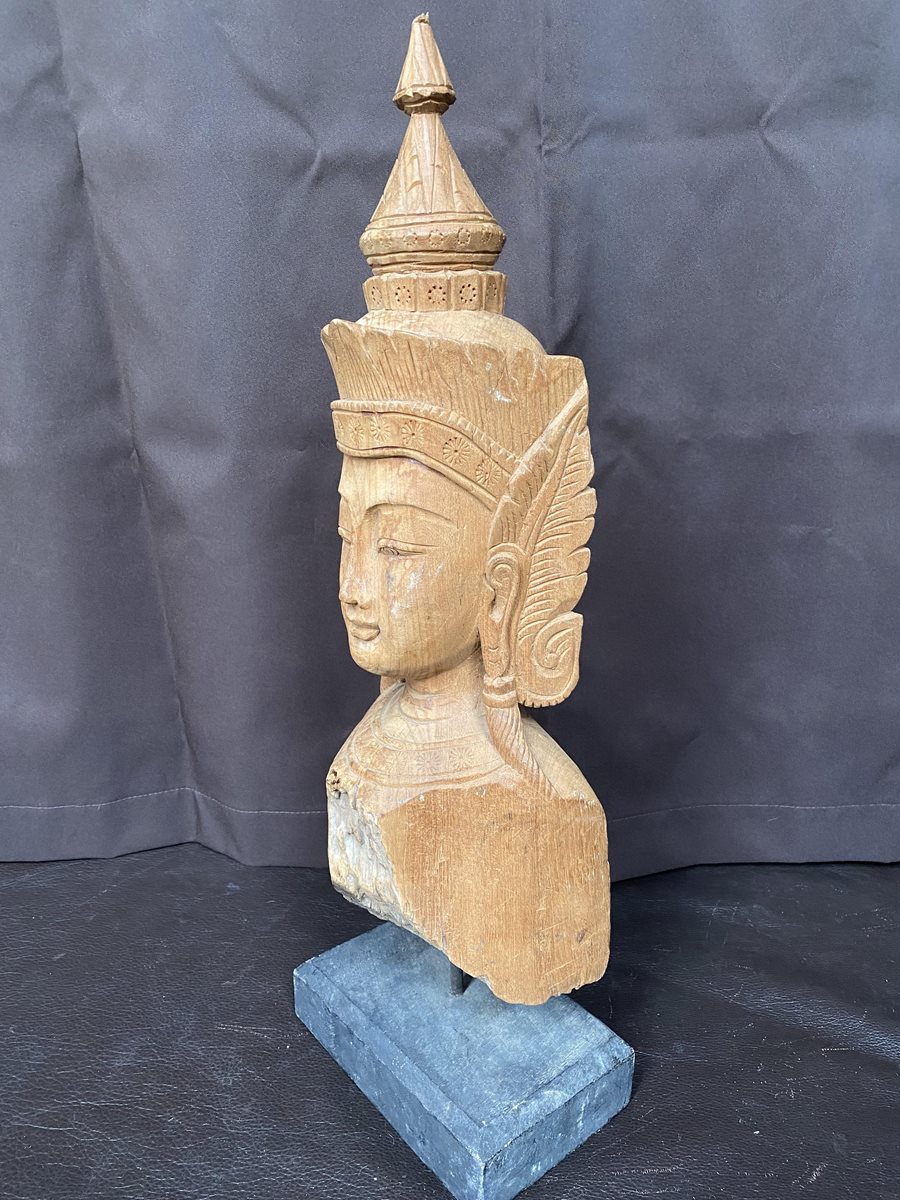 Old Carved Wooden Thai Goddess Bust