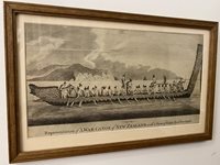 Early Copperplate engraving of a Maori War Canoe