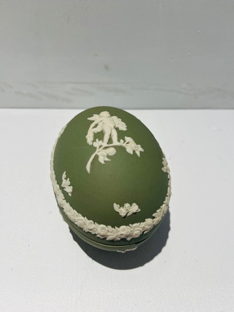Wedgwood Jasperware Egg shaped trinket box in sage and white