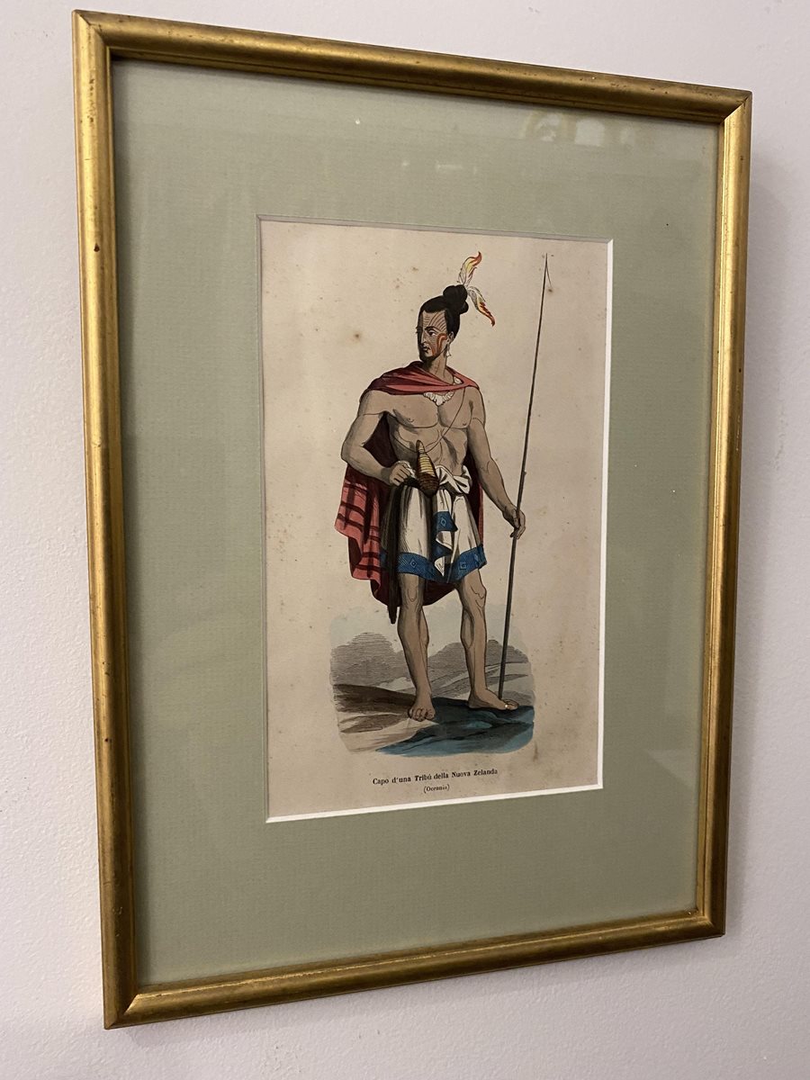 Italian Coloured Lithograph of a Maori Warrior
