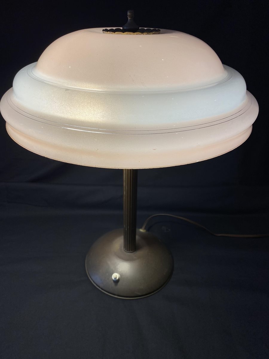 Art Deco Table lamp with pink glass dome shade & brass column.