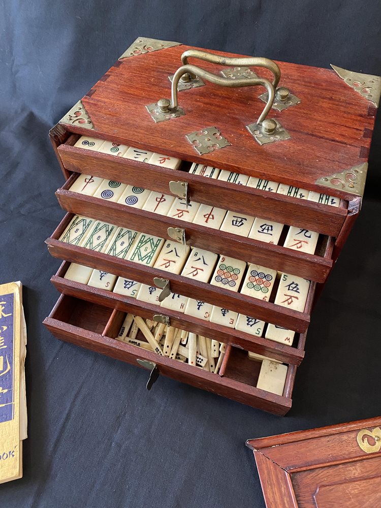 Old Wooden Boxed Bone Mahjong Set