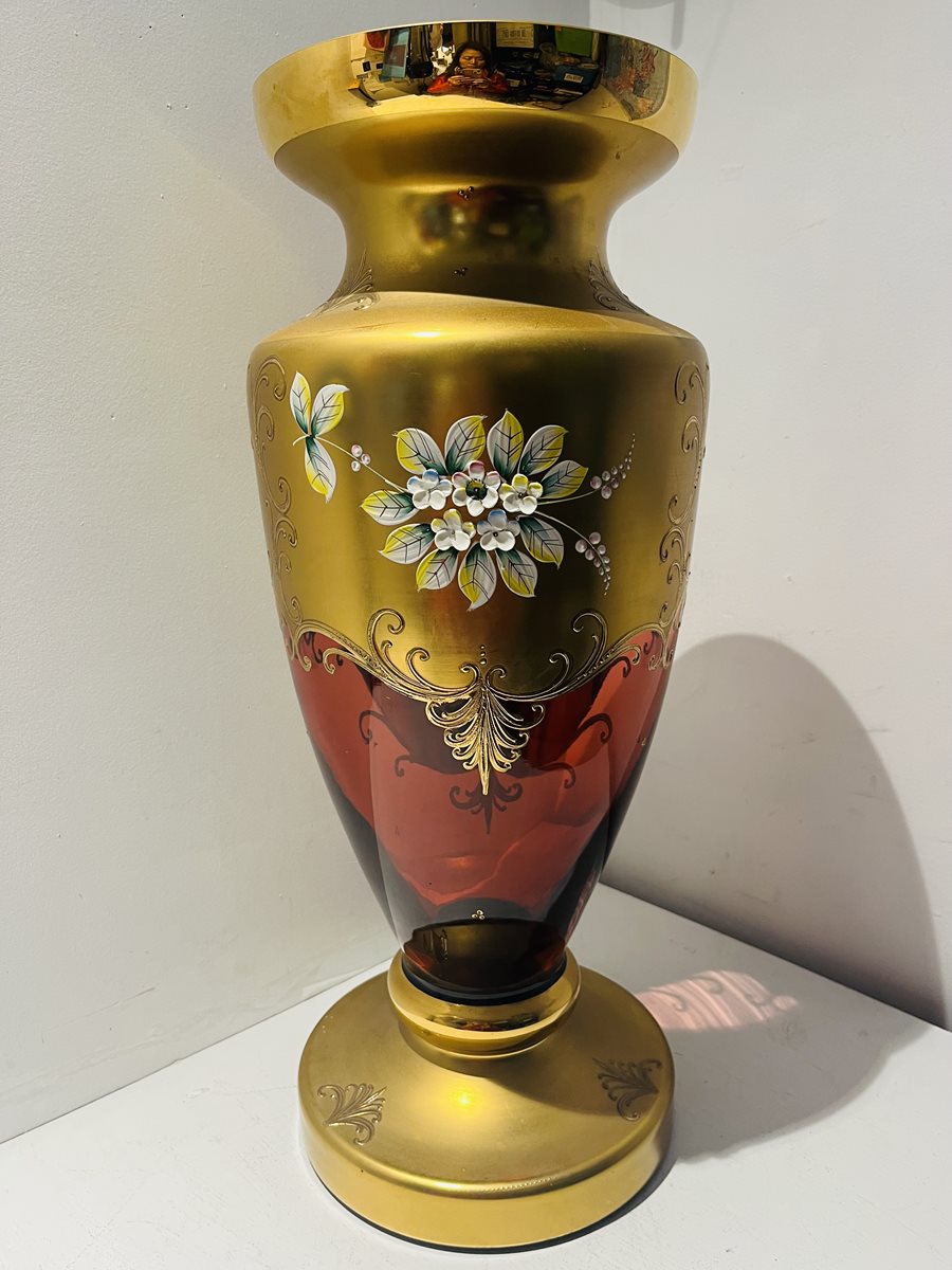 Large Vintage Czech Bohemian Ruby & Gilt Art Glass Vase – Raised Enamel Flowers – 50cm