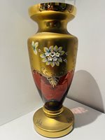 Large Vintage Czech Bohemian Ruby & Gilt Art Glass Vase – Raised Enamel Flowers – 50cm