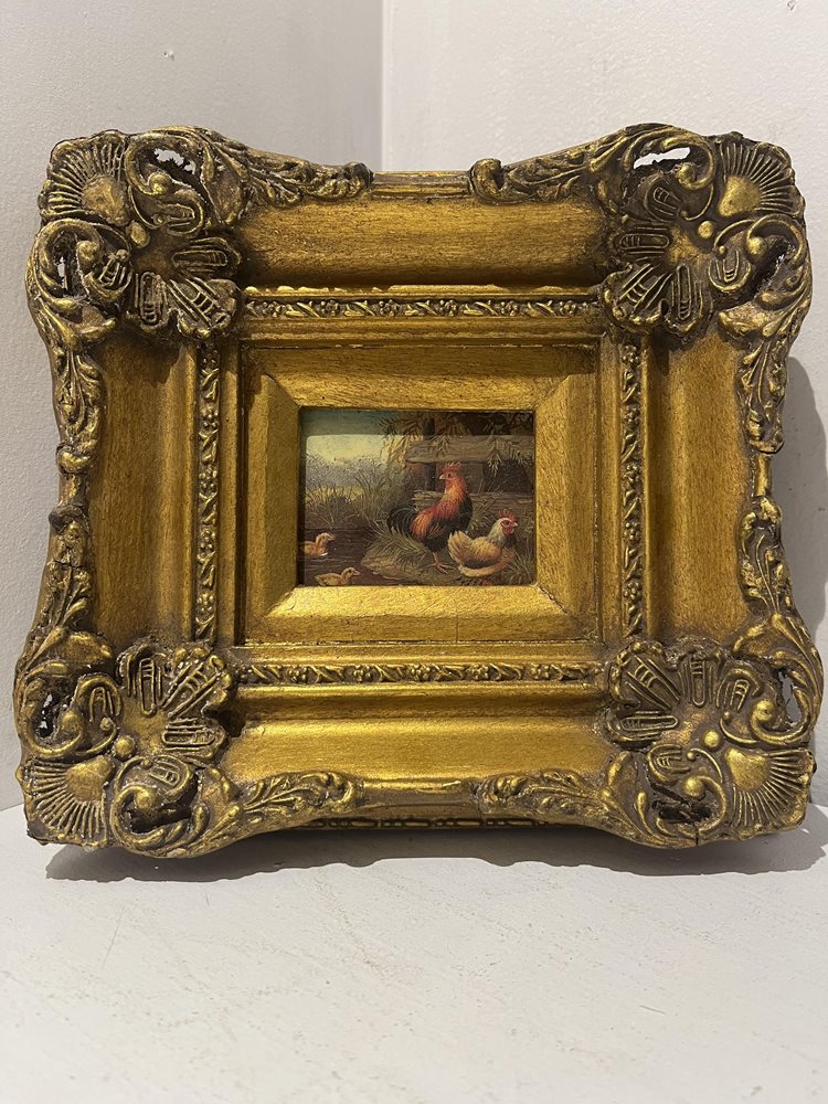 Antique Miniature Oil Painting – Rooster, Hen & Chicks
