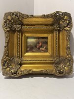 Antique Miniature Oil Painting – Rooster, Hen & Chicks