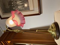 Vintage Brass & Wood Table Lamp with pink flared glass shade
