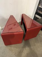 Pair of de Sede of Switzerland red leather & glass triangular side tables