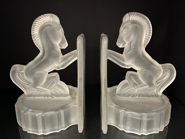 Pair of Glass Horse Bookends in the Art Deco Style